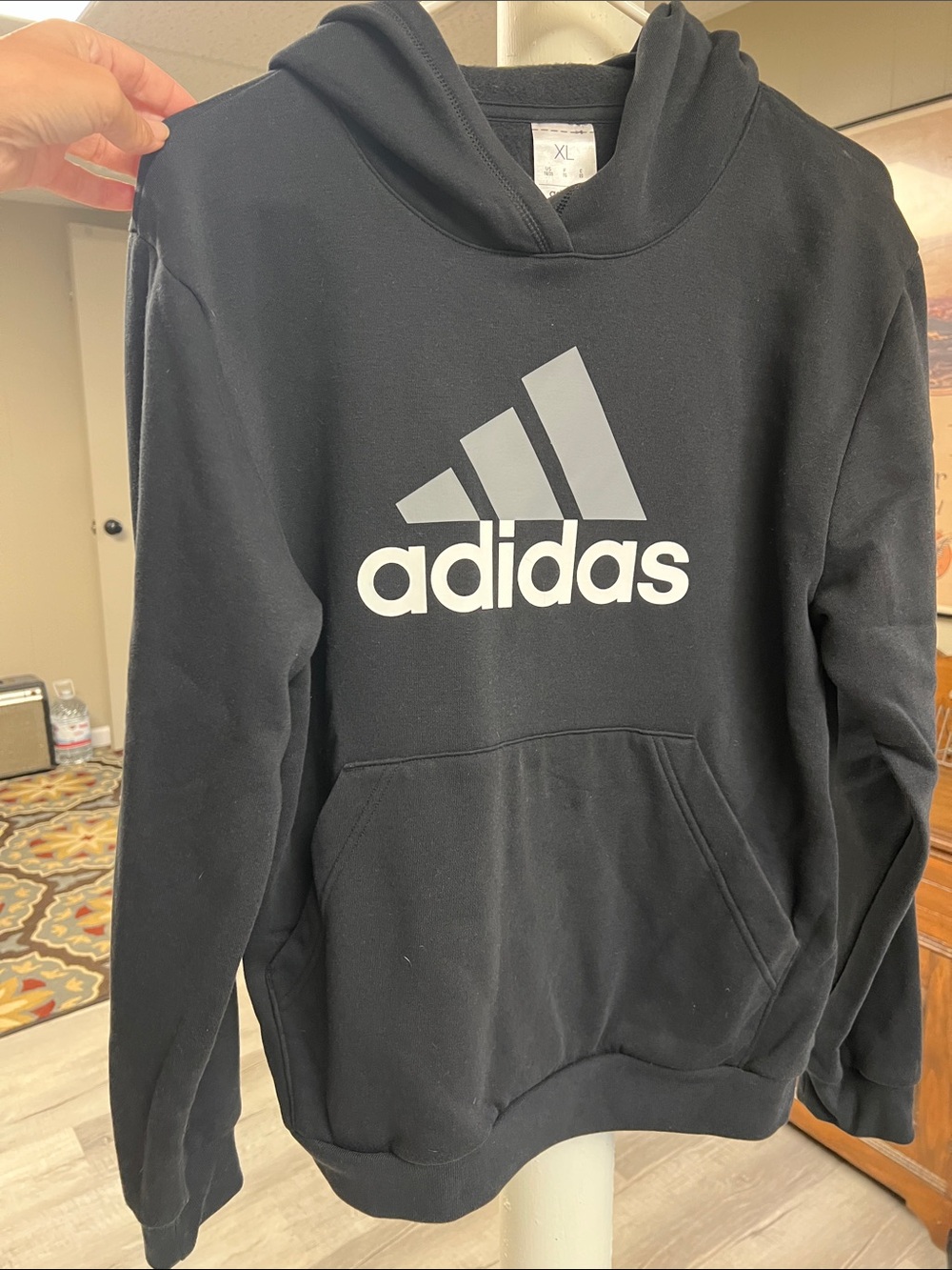EUC adidas Black Hoodie with White Logo - Kid’s Pull Over Style sz XL
